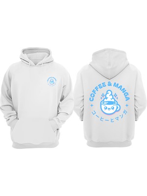 The Wert Unisex Coffee And Manga Tasarım Ön Arka Baskılı Normal Kalıp Beyaz Sweatshirt