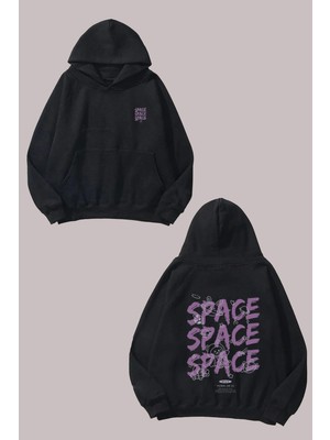 The Wert Unisex Space Ayıcık Tasarım Ön Arka Baskılı Normal Kalıp Siyah Sweatshirt