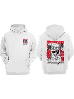 The Wert Unisex Neo Tokyo Tribe Tasarım Ön Arka Baskılı Normal Kalıp Beyaz Sweatshirt