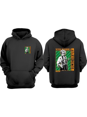 The Wert Unisex Demon Slayer Wind Hasıra Tasarım Ön Arka Baskılı Normal Kalıp Siyah Sweatshirt