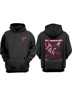 The Wert Unisex Flamingo Future Robot Pink Bird Tasarım Ön Arka Baskılı Normal Kalıp Siyah Sweatshirt