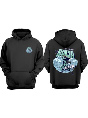 The Wert Unisex Anime Ninja Warrior Tasarım Ön Arka Baskılı Normal Kalıp Siyah Sweatshirt