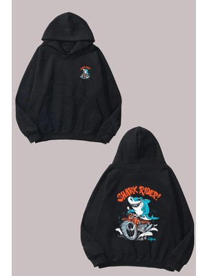 The Wert Unisex Shark Rider Motor Köpek Balığı Tasarım Ön Arka Baskılı Normal Kalıp Siyah Sweatshirt