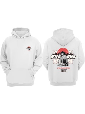 The Wert Unisex After Work Anime Tasarım Ön Arka Baskılı Normal Kalıp Beyaz Sweatshirt
