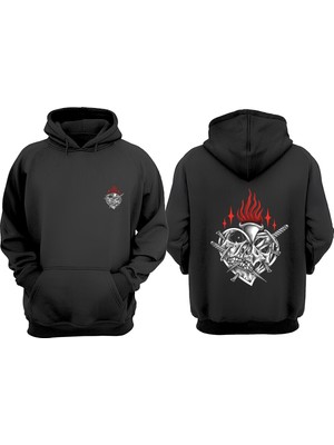 The Wert Unisex Kalbın Ustunde Yanan Meşale Tasarım Ön Arka Baskılı Normal Kalıp Siyah Sweatshirt