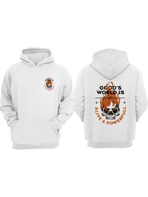 The Wert Unisex Fire Skull Goods Tasarım Ön Arka Baskılı Normal Kalıp Beyaz Sweatshirt