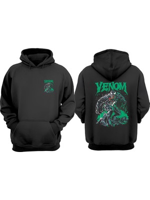 The Wert Unisex Venom Yeşil Tasarım Ön Arka Baskılı Normal Kalıp Siyah Sweatshirt