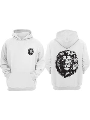 The Wert Unisex Lion Face Tasarım Ön Arka Baskılı Normal Kalıp Beyaz Sweatshirt