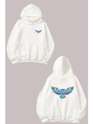 The Wert Unisex Kristal Owl Tasarım Ön Arka Baskılı Normal Kalıp Beyaz Sweatshirt