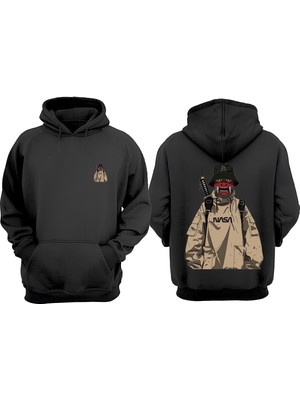 The Wert Unisex Nasa Samuray Tasarım Ön Arka Baskılı Normal Kalıp Siyah Sweatshirt