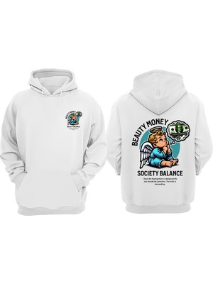 The Wert Unisex Society Balance Tasarım Ön Arka Baskılı Normal Kalıp Beyaz Sweatshirt