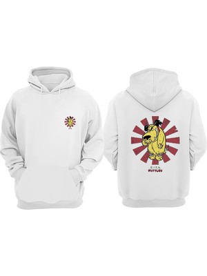 The Wert Unisex Gülen Japon Kopek Tasarım Ön Arka Baskılı Normal Kalıp Beyaz Sweatshirt