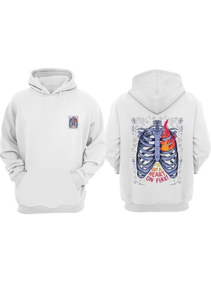 The Wert Unisex I ve Got A Heart On Fıre Tasarım Ön Arka Baskılı Normal Kalıp Beyaz Sweatshirt