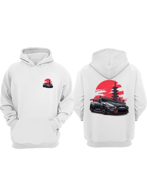 The Wert Unisex Tokyo Car Evler Tasarım Ön Arka Baskılı Normal Kalıp Beyaz Sweatshirt
