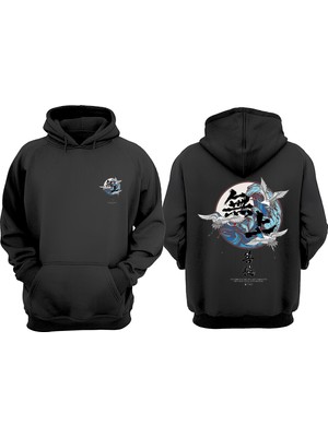 The Wert Unisex Anime Japon Leylek Tasarım Ön Arka Baskılı Normal Kalıp Siyah Sweatshirt