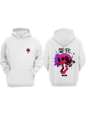 The Wert Unisex Love Me Pembe Kurukafa Yılan Tasarım Ön Arka Baskılı Normal Kalıp Beyaz Sweatshirt