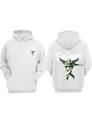 The Wert Unisex Cupid Sniper Tasarım Ön Arka Baskılı Normal Kalıp Beyaz Sweatshirt