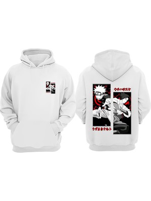 The Wert Unisex Naruto Sasuke Tasarım Ön Arka Baskılı Normal Kalıp Beyaz Sweatshirt