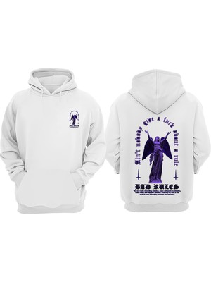 The Wert Unisex Bad Rules Kanatlı Mor Kadın Tasarım Ön Arka Baskılı Normal Kalıp Beyaz Sweatshirt