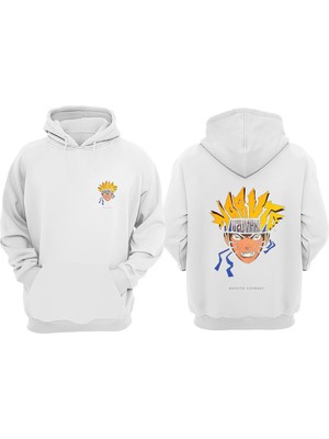 The Wert Unisex Uzumaki Naruto Face Tasarım Ön Arka Baskılı Normal Kalıp Beyaz Sweatshirt