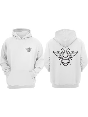 The Wert Unisex Arı Cizim Tasarım Ön Arka Baskılı Normal Kalıp Beyaz Sweatshirt