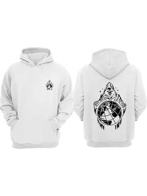 The Wert Unisex Azrail ve Dunya Tasarım Ön Arka Baskılı Normal Kalıp Beyaz Sweatshirt