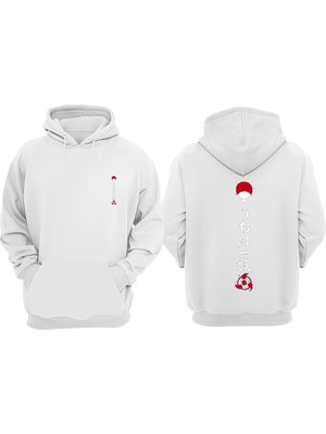 The Wert Unisex Itachi Uchiha Sahringan Tasarım Ön Arka Baskılı Normal Kalıp Beyaz Sweatshirt