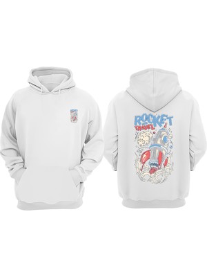 The Wert Unisex Rocket Travel Gezegenler Tasarım Ön Arka Baskılı Normal Kalıp Beyaz Sweatshirt