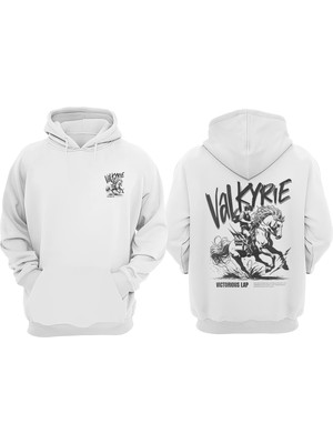 The Wert Unisex Valkyrie Horse Tasarım Ön Arka Baskılı Normal Kalıp Beyaz Sweatshirt