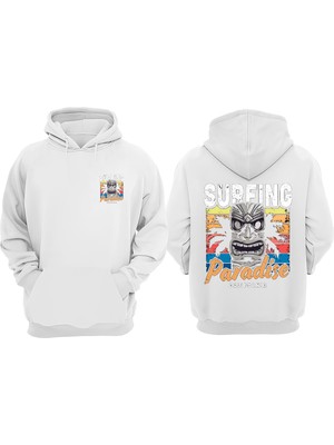 The Wert Unisex Surfıng Paradıse Calıfornıa Tasarım Ön Arka Baskılı Normal Kalıp Beyaz Sweatshirt