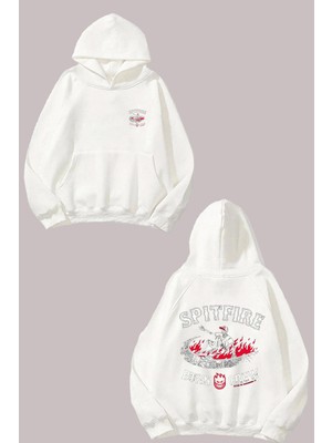 The Wert Unisex Spıtfıre Burn Crew Tasarım Ön Arka Baskılı Normal Kalıp Beyaz Sweatshirt