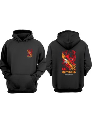 The Wert Unisex Damon Slayer Anime Design Tasarım Ön Arka Baskılı Normal Kalıp Siyah Sweatshirt