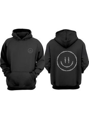 The Wert Unisex Gülen Dikenli Yüz Tasarım Ön Arka Baskılı Normal Kalıp Siyah Sweatshirt