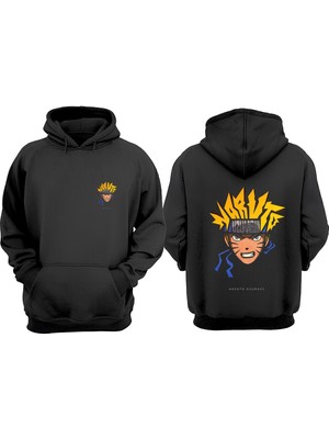 The Wert Unisex Uzumaki Naruto Face Tasarım Ön Arka Baskılı Normal Kalıp Siyah Sweatshirt