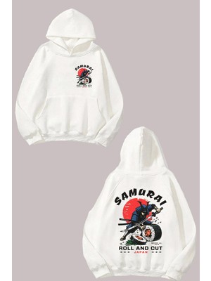 The Wert Samurai Cutting Sushi Tasarım Ön Arka Baskılı Normal Kalıp Beyaz Sweatshirt