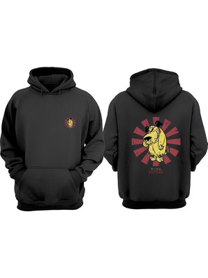 The Wert Gülen Japon Kopek Tasarım Ön Arka Baskılı Normal Kalıp Siyah Sweatshirt