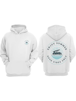 The Wert Unisex Enjoy Summer Tasarım Ön Arka Baskılı Normal Kalıp Beyaz Sweatshirt