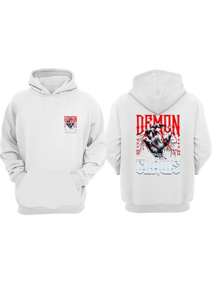The Wert Unisex Demon Claws Tasarım Ön Arka Baskılı Normal Kalıp Beyaz Sweatshirt