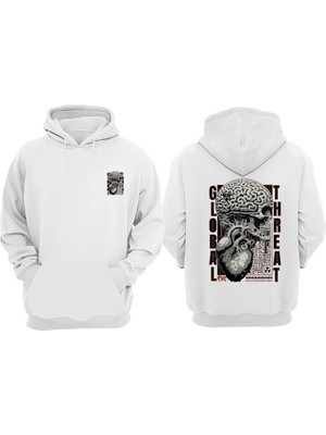 The Wert Skull Brain Tasarım Ön Arka Baskılı Normal Kalıp Beyaz Sweatshirt