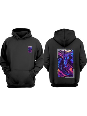 The Wert Unisex Lost Retro Tasarım Ön Arka Baskılı Normal Kalıp Siyah Sweatshirt