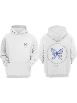 The Wert Mavi Kelebek Tasarım Ön Arka Baskılı Normal Kalıp Beyaz Sweatshirt