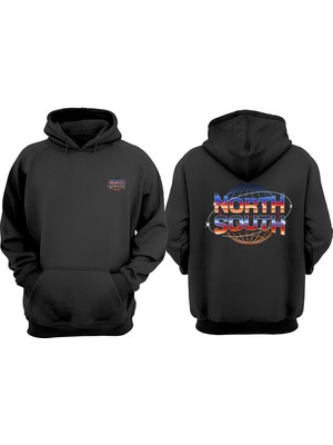 The Wert Unisex North South Tasarım Ön Arka Baskılı Normal Kalıp Siyah Sweatshirt