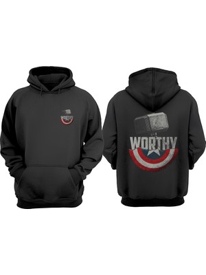 The Wert Unisex Thor Captaın Amerika Tasarım Ön Arka Baskılı Normal Kalıp Siyah Sweatshirt