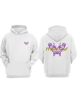 The Wert Unisex Butterfly Mercy Tasarım Ön Arka Baskılı Normal Kalıp Beyaz Sweatshirt
