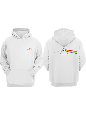 The Wert Unisex Gökkuşagı Ucgeni Tasarım Ön Arka Baskılı Normal Kalıp Beyaz Sweatshirt