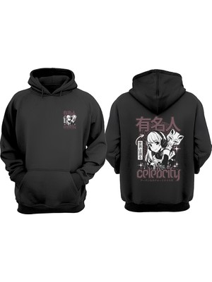 The Wert Anime Celebrity Girl Tasarım Ön Arka Baskılı Normal Kalıp Siyah Sweatshirt