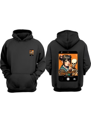 The Wert Cartoon Graphic Tasarım Ön Arka Baskılı Normal Kalıp Siyah Sweatshirt