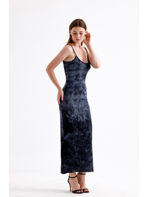 Sense Yırtmaçlı Askılı Likralı Viskon Elbise ELB35782 Siyah Batik