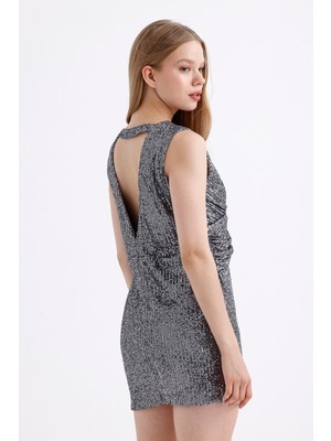 Sense Sırt Dekolteli Astarlı Önü Büzgülü Payetli Abiye Elbise ELB35572 Grı