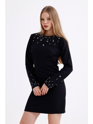 Sense Taş Detaylı Uzun Kol Elbise ELB35865 Siyah